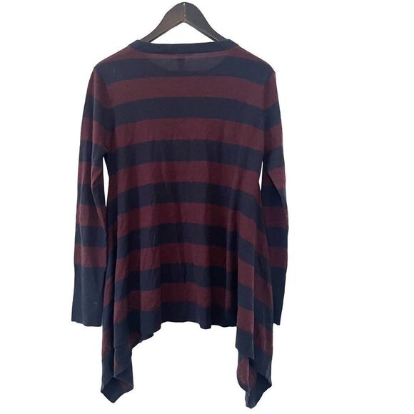 Autumn Cashmere Burgundy Navy Stripe Asymmetrical Hemline 100%‎ Cashmere Sweater - Picture 2 of 7